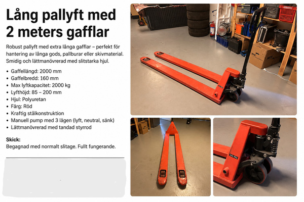 Lång pallyft med 2 meters gafflar