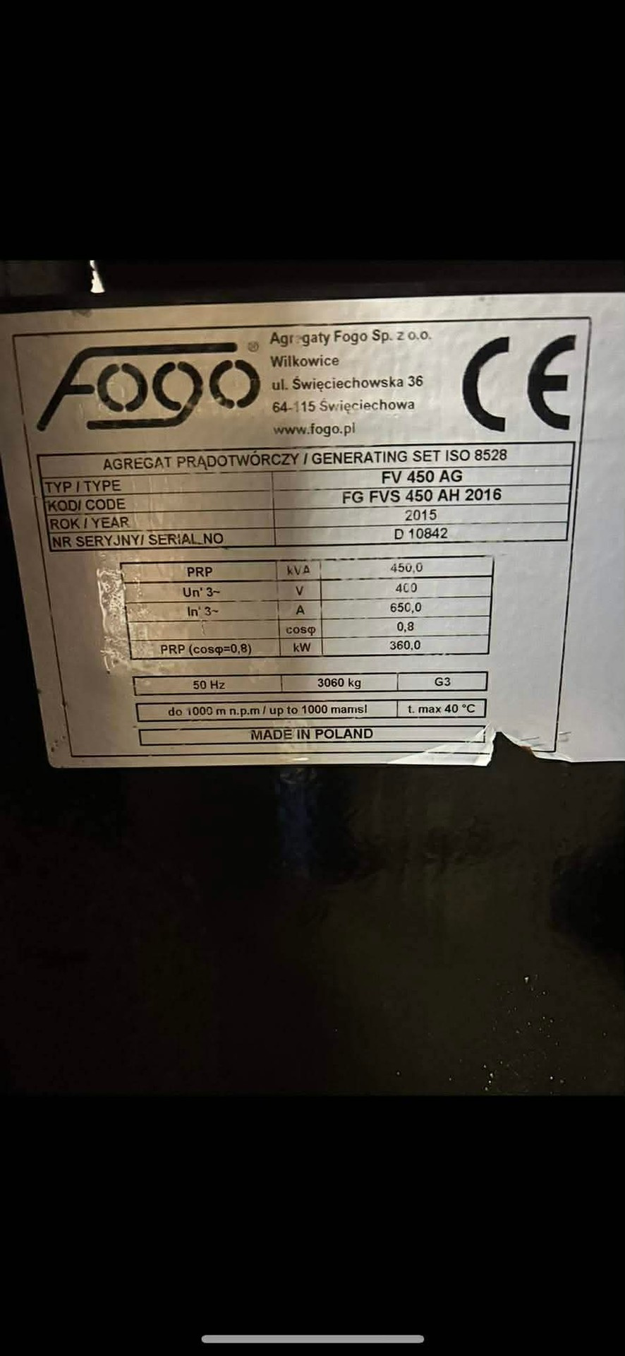 Elverk/Generator FOGO FVS 450 Volvo Penta