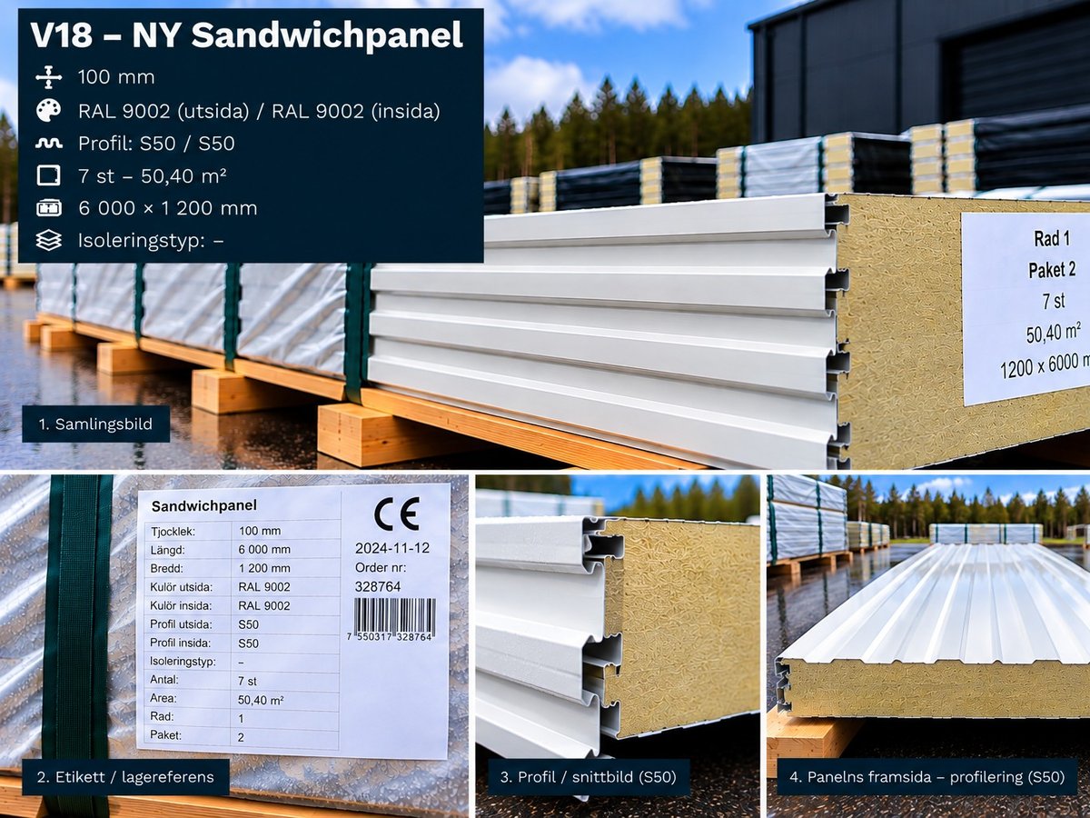 V18 – NY Sandwichpanel 57,6 m² 100mm RAL9002/9002