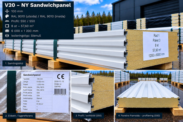 V20 – NY Sandwichpanel 57,6 m² 100mm RAL9010/9010