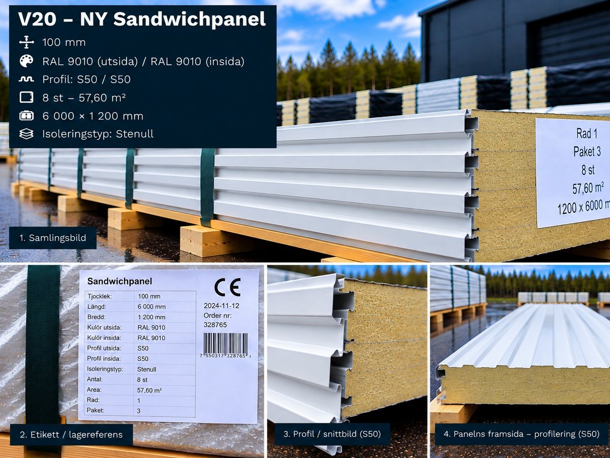 V20 – NY Sandwichpanel 57,6 m² 100mm RAL9010/9010