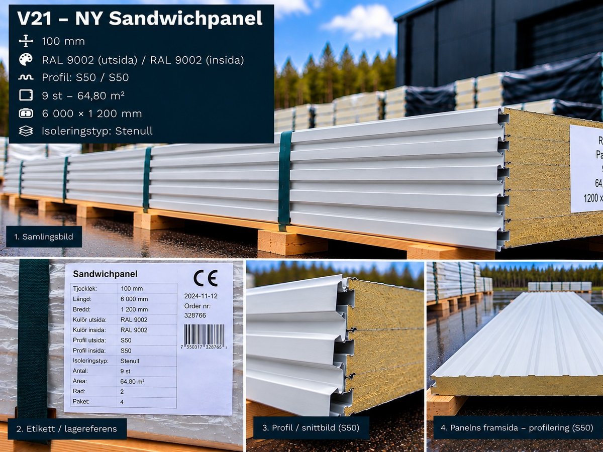 V21 – NY Sandwichpanel 79,2 m² 200mm RAL9006/9002