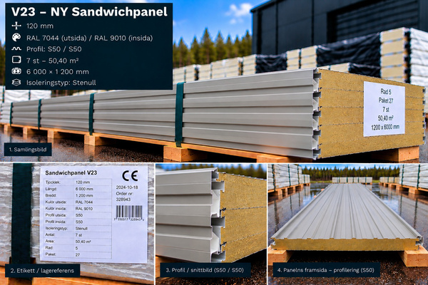 V23 – NY Sandwichpanel 50,4 m² 120mm RAL7040/9002