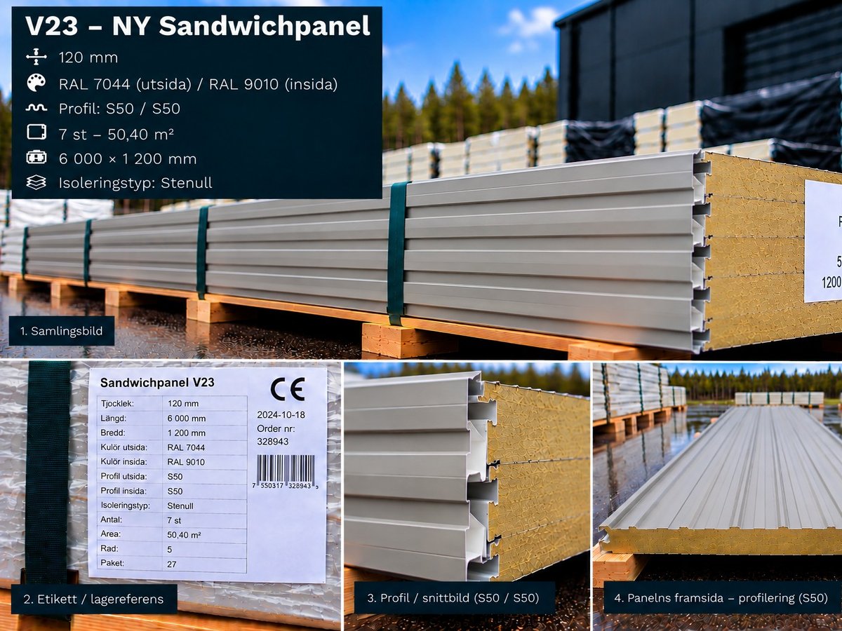 V23 – NY Sandwichpanel 50,4 m² 120mm RAL7040/9002