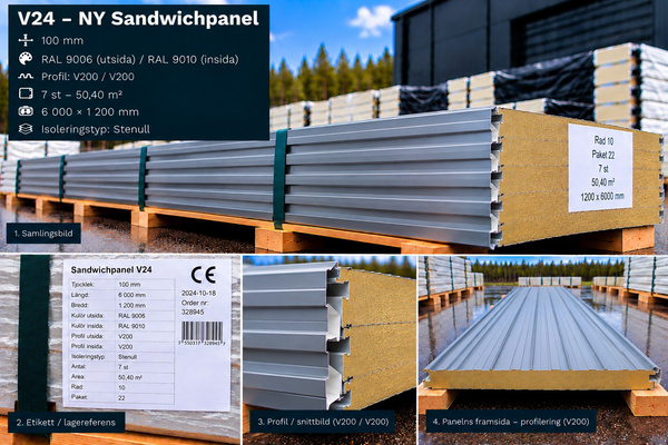 V24 – NY Sandwichpanel 50,4 m² 100mm RAL9006/9010