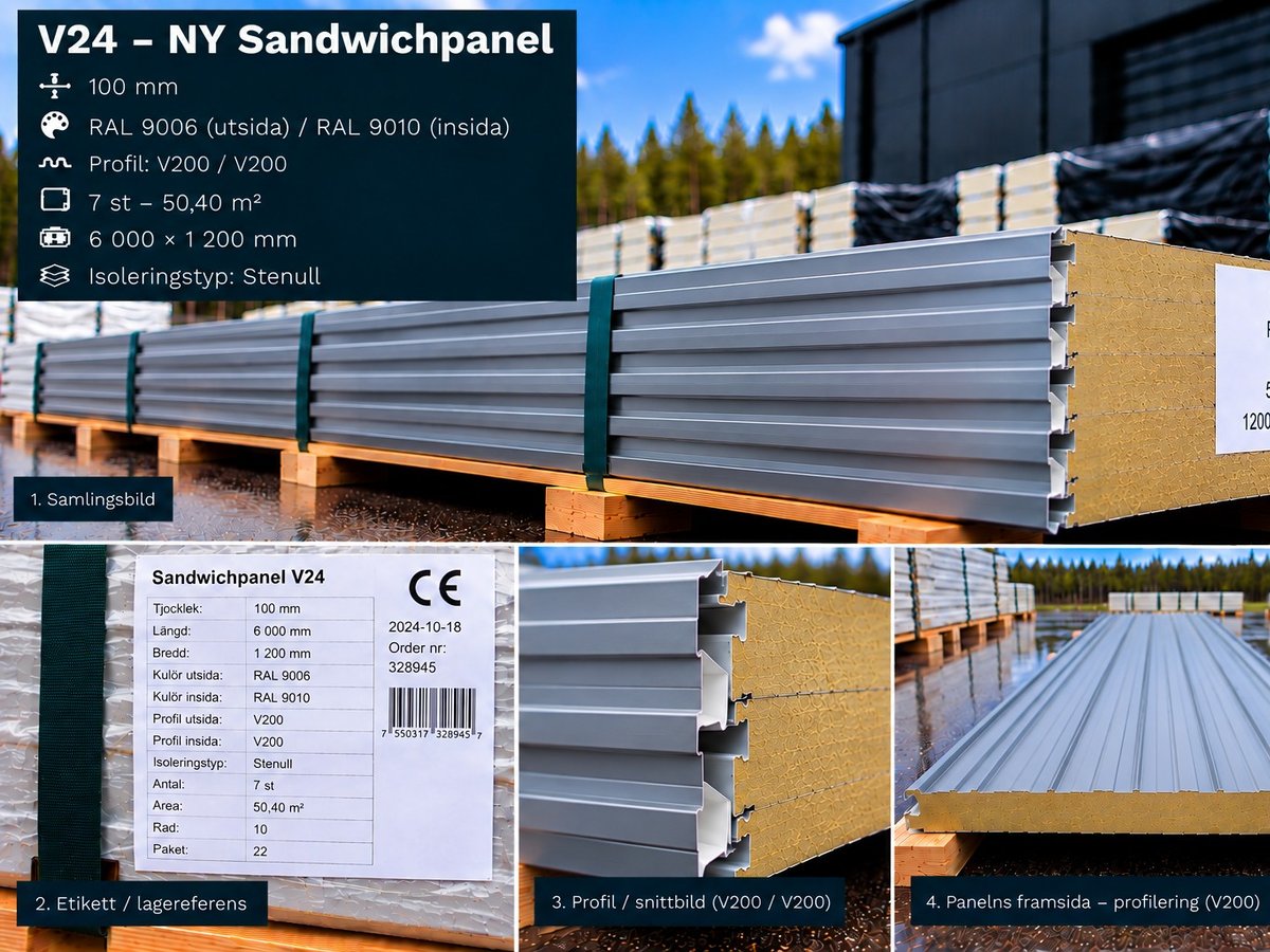 V24 – NY Sandwichpanel 50,4 m² 100mm RAL9006/9010
