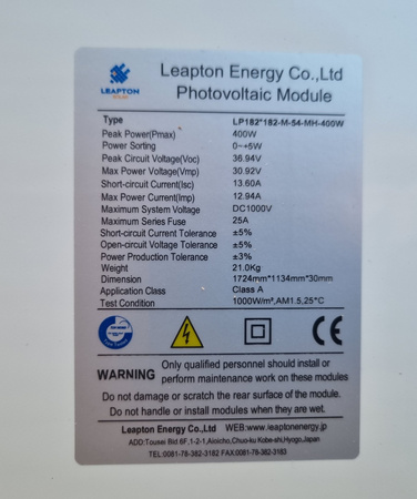 Solpaneler Leapton Solar LP182, 70,3 kvm (pall nr 3)